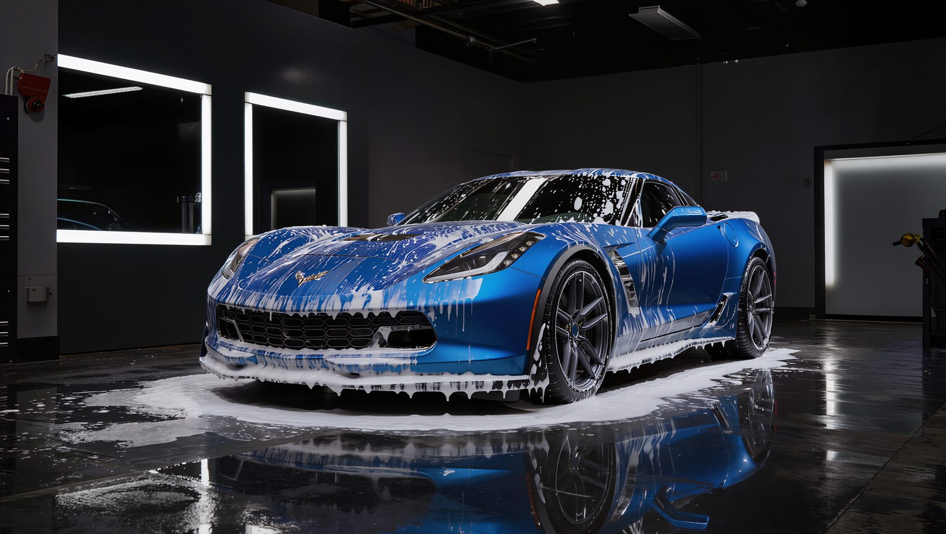 Freshly foamed sports car in the detailing bay